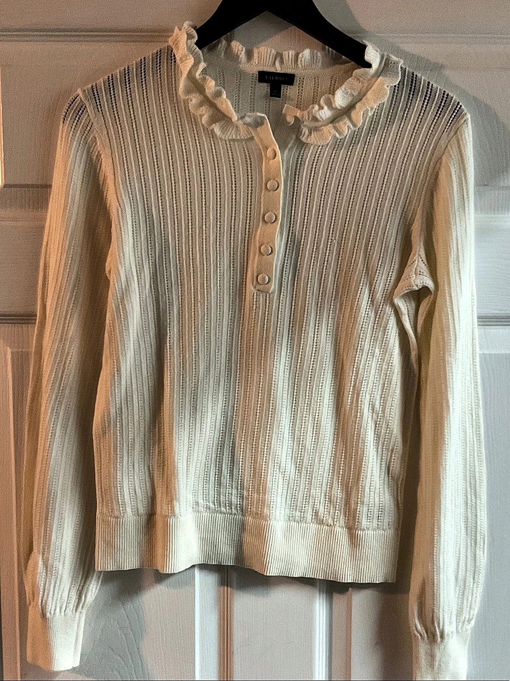 Talbots Ruffle Neck Henley Pullover Sweater Cream XS